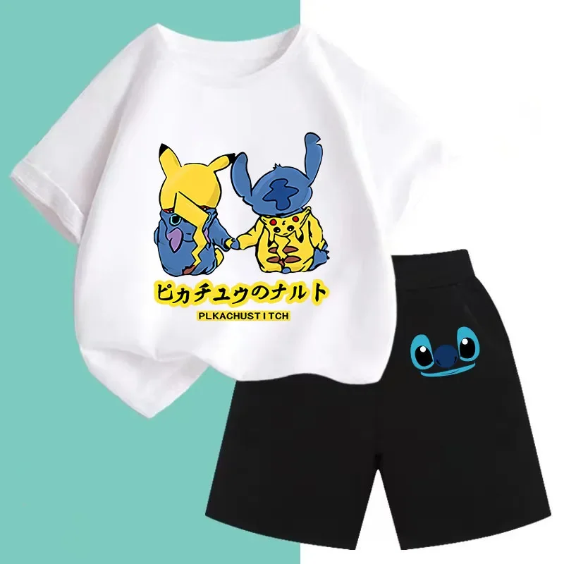 2024 Summer Lively Stitch Children's Boy Two-piece T-shirt Set Round Neck Casual Short Sleeve Girl Short Sleeve Shorts