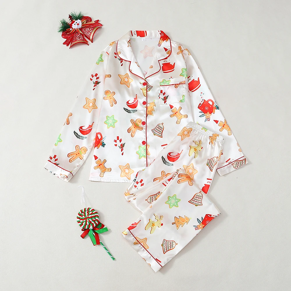 

2Pcs Women s Festive Christmas Pajama Set Long Sleeve Shirt Elastic Waist Long Pants Loungewear Comfortable Loose Homewear