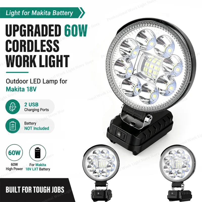 light for makita battery , Upgraded 60W Cordless for makita work light with 2 USB Charging Port, Outdoor led lamp for makita 18v