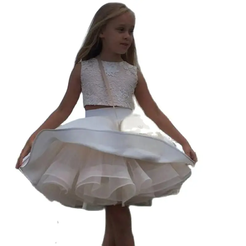 Ivory Satin Flower Girl Dress Fluffy Sleeveless Lace Backless For Wedding Cute Child First Communion Dress Ball Gowns