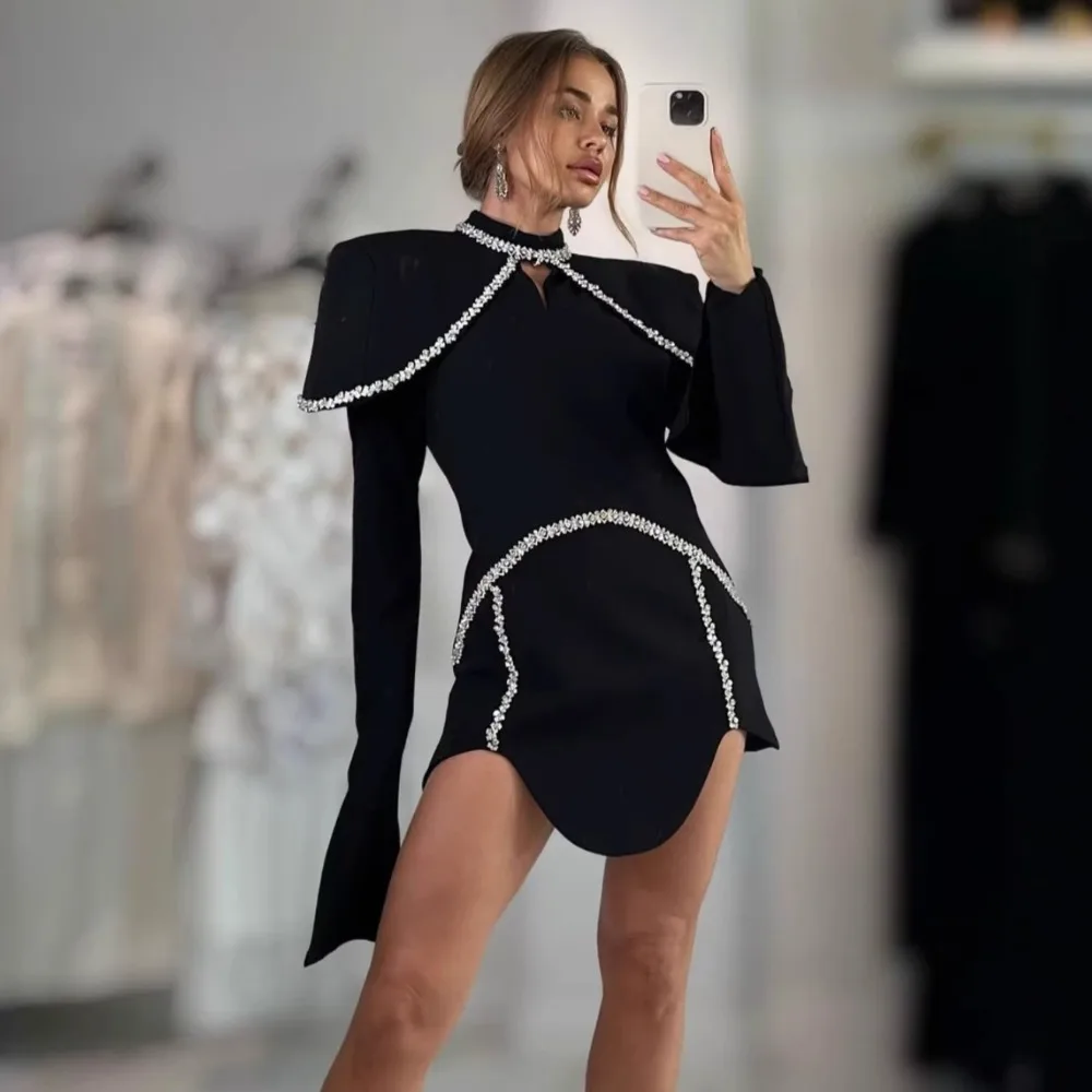 

Solid Slimming Spliced Shawl Dresses Stand Neck Long Sleeved Patchwork Diamonds Mini Dress Celebrity Female Evening Party Gowns