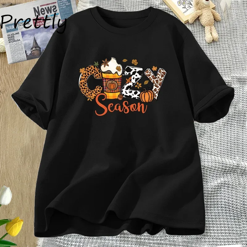 Cozy Season Fall Halloween T Shirt Autumn Thanksgiving Retro Cotton Short Sleeve T-shirt Pumkin Season Graphic T Shirts