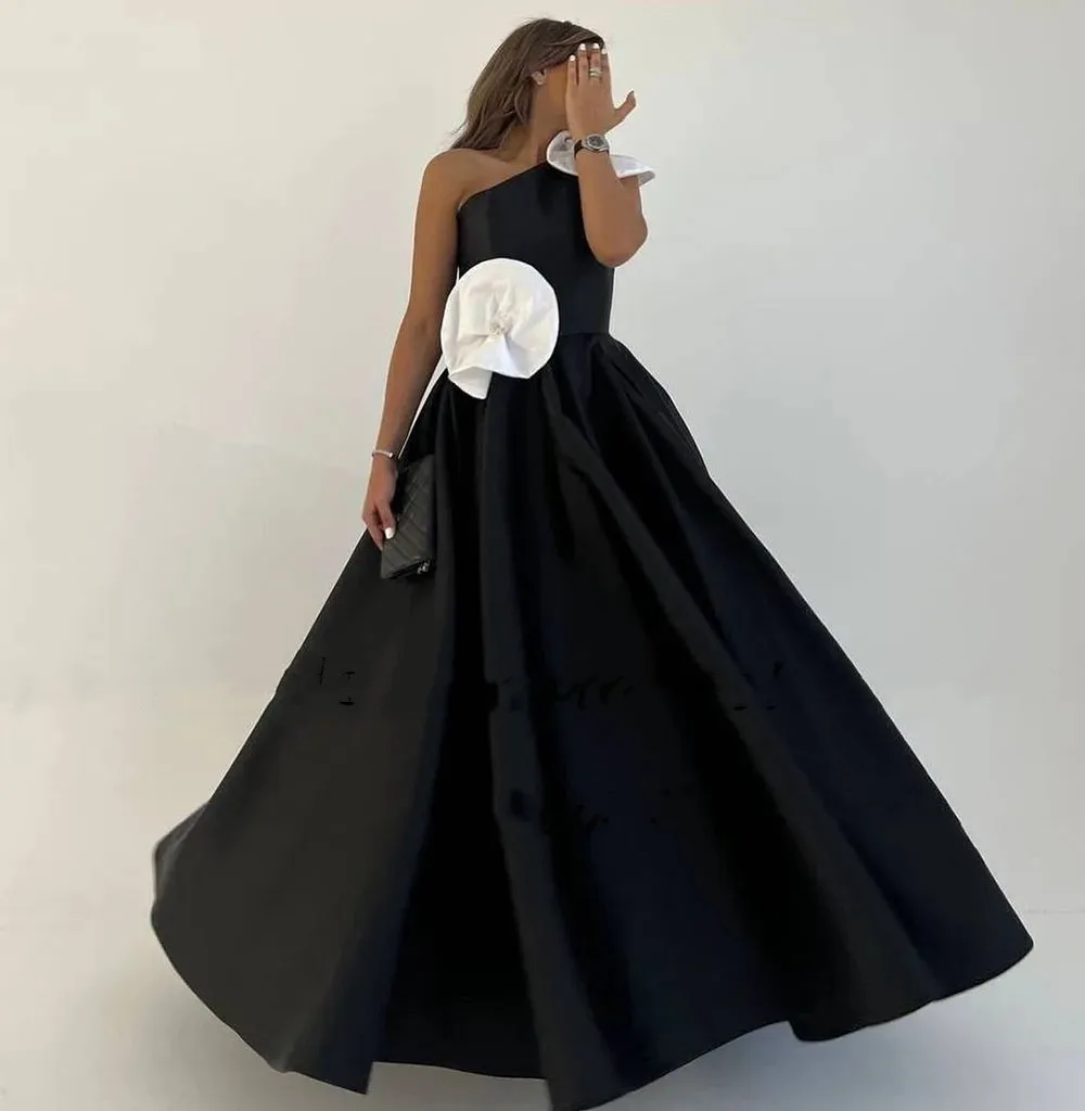 

Flora Dress Black Satin A Line Prom Party Dresses One Shoulder Floor Length Sleeveless Dubai Arabic Evening Gown for Women