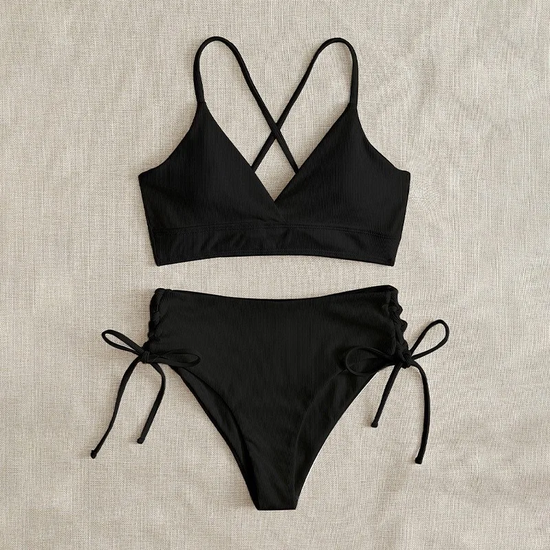 Conjunto de bikini entrecruzado con cuello en V para mujer, parte inferior con lazo lateral, ropa de playa sexy, traje de baño para vacaciones de verano
