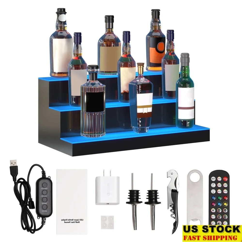 

Liquor Bottle Display Shelf 24inch 3Tier RF Remote App Control Multicolor Lighting Acrylic Bar Rack Home Bar Decor