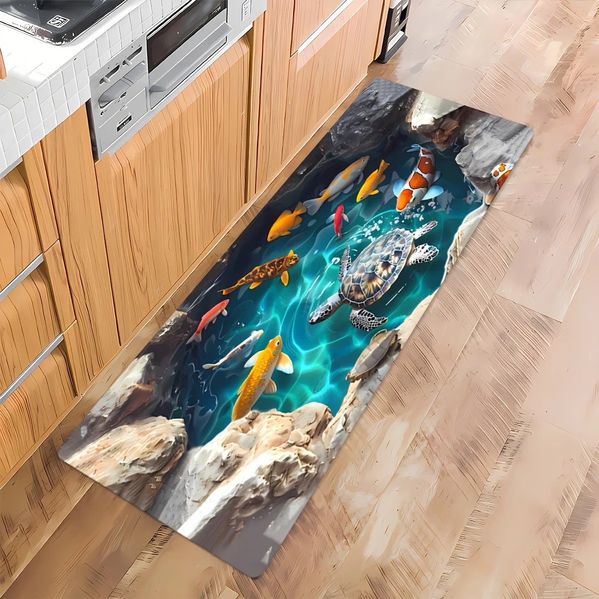 3D Underwater Turtle Koi Fish Rock Reef Print Runner Rug, non-slip oil-proof mat for kitchen entry fresh ocean home floor decor