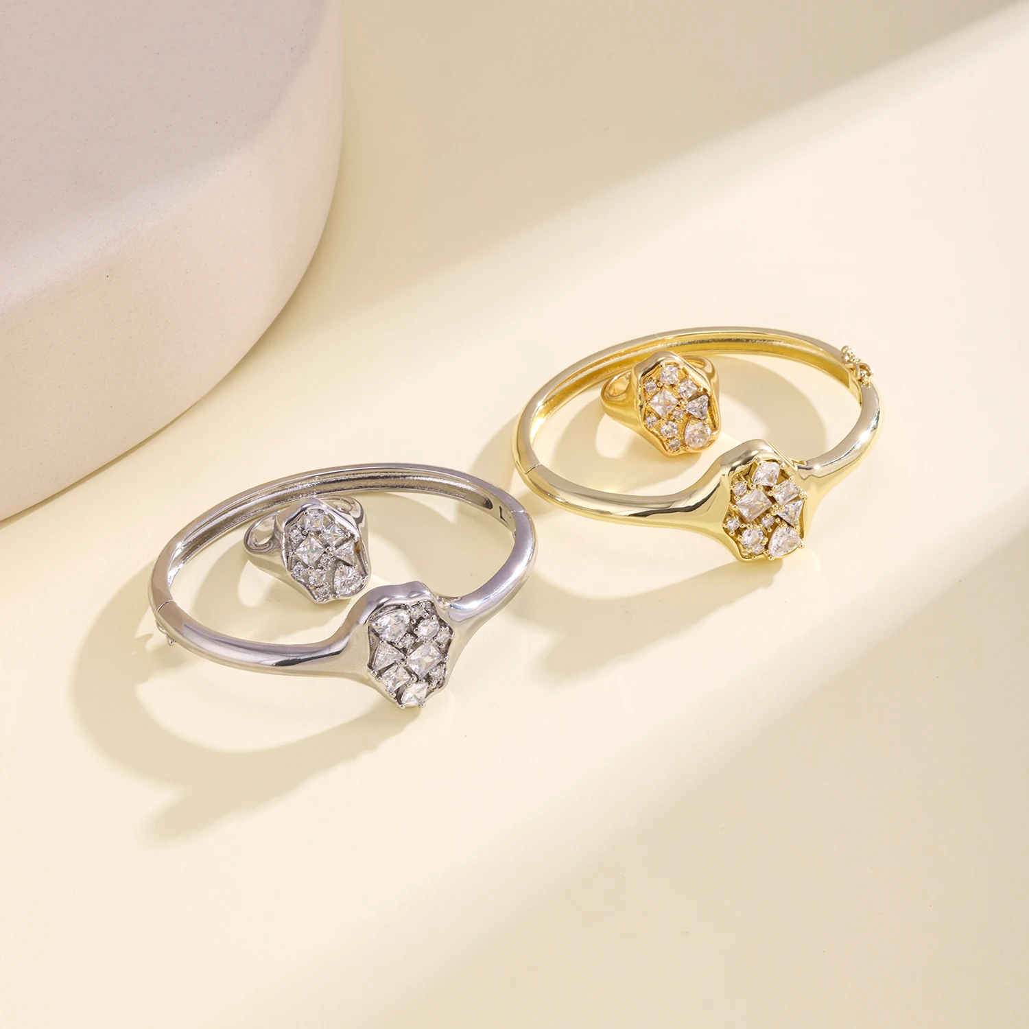 Nidin Trendy Bangle Ring Jewelry Set Irregular Geometric Pave CZ Crystal Zircon For Women Engagement Wedding Party Jewelry Gifts
