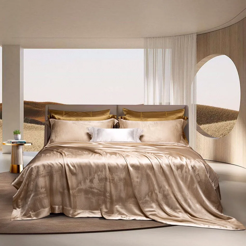 

Top Luxury champagne Silk Comforter Duvet Cover Double Bed Sheet king Size Bedding Set Wholesaler