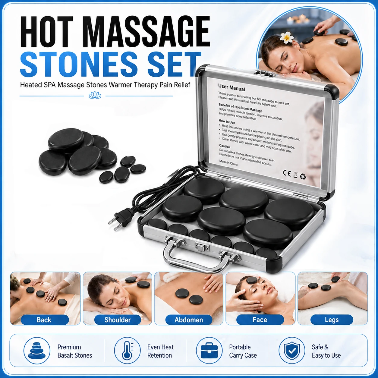 9 12 18 20 Pcs Professional Natural Basalt Hot Stone Massage Set with Warmer Box for Body Muscle Relaxation Recovery Spa Salon