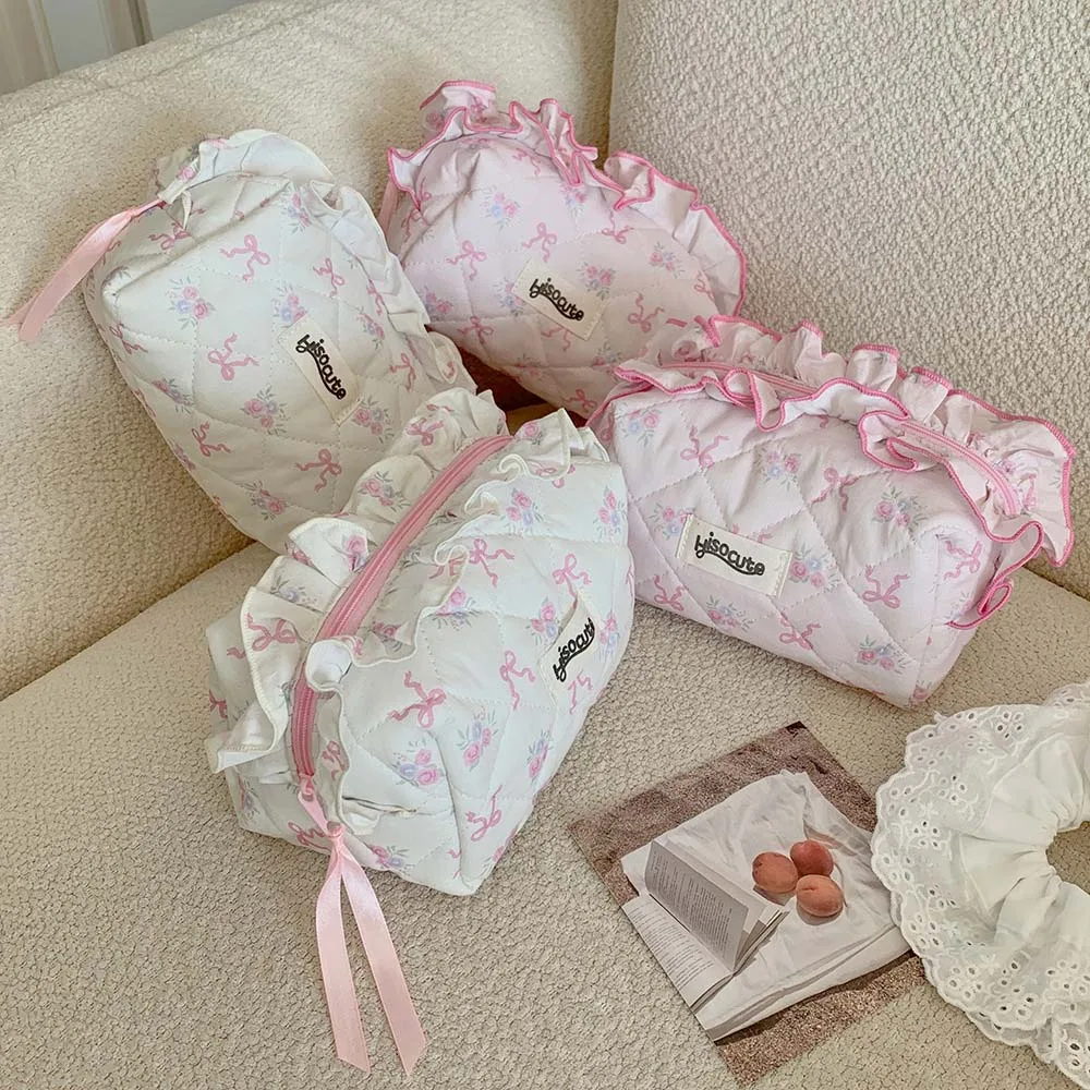 Bowknot Bow Cosmetic Bag Desktop Storage Wash Pouch Bow Stationery Bag Pink/White Wrinkled Edge Korean Style Pencil Case