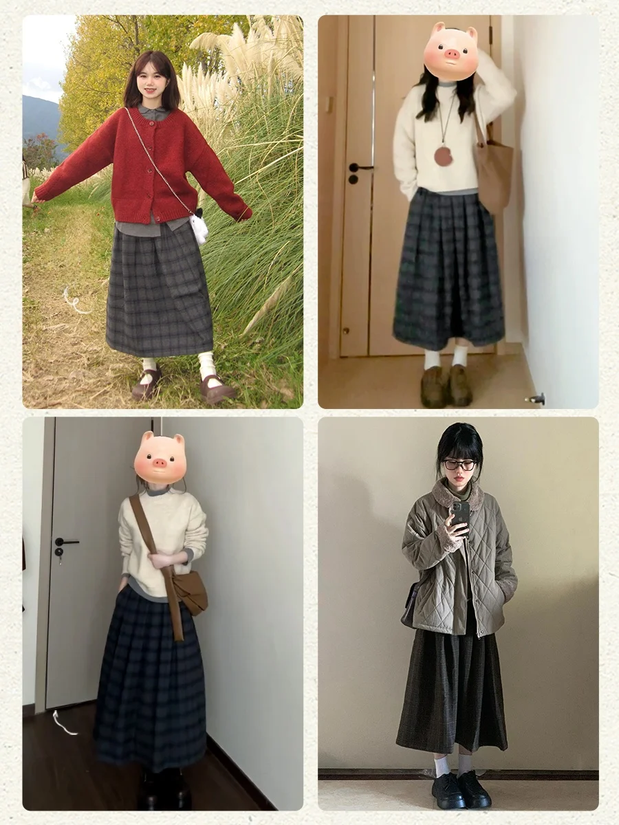 Original Blue Plaid Woolen Skirt Women's Casual Vintage Loose A-Line Autumn Winter Skirts Girls mid Waist Polyester Fiber
