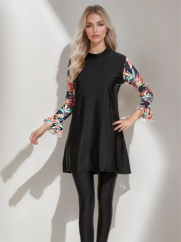 

Two Piece Swimsuit Women 2026 New Black Muslim Print Long Sleeves Trousers Swimwear Summer Tankini Beachwear Bathing Suit Female