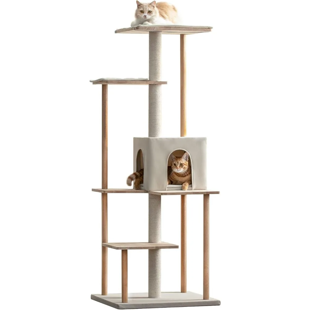 

MWPO Modern Cat Tree - 63-Inch Luxury Wood Cat Tower for Indoor Cats, Large Perches with Soft Cushions, Cat Condo for Large Cats