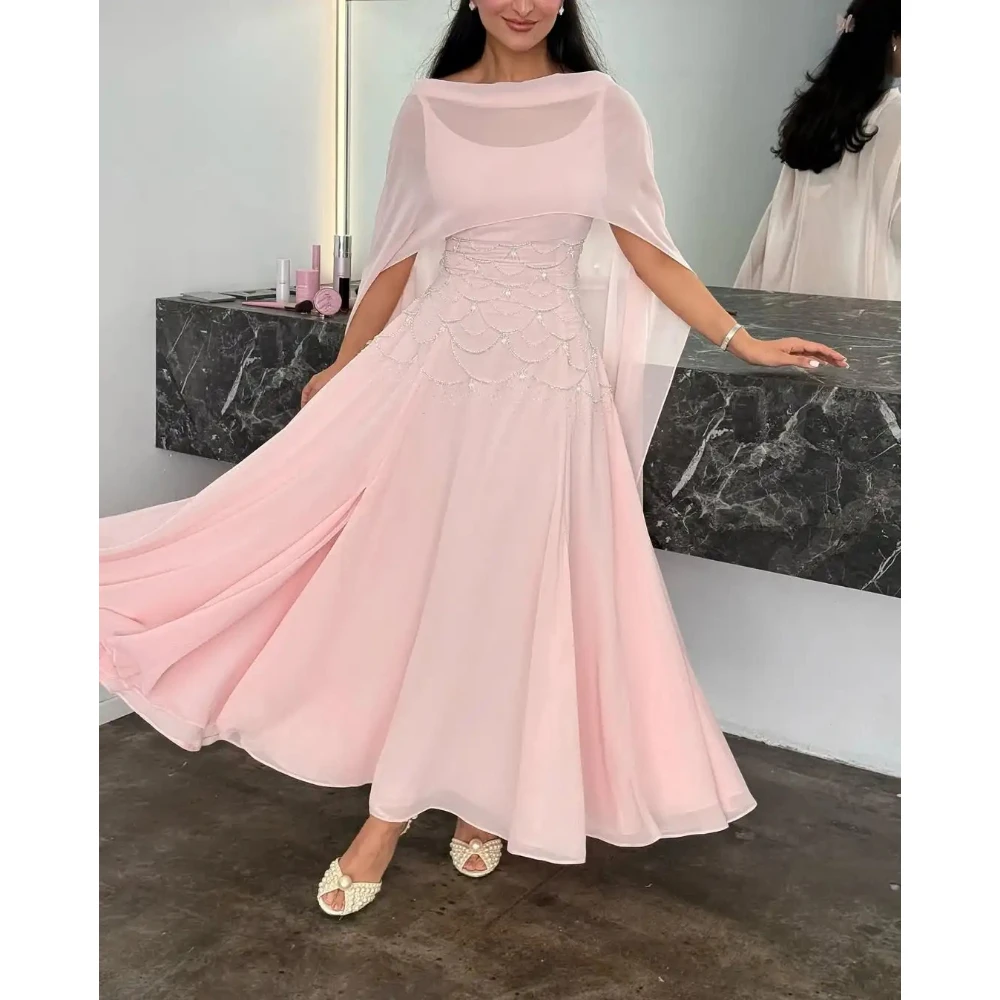 

Pink Prom Dress with Detachable Cloak Customized Scoop Neck Sleeveless Beadings Ankle Length Formal Party Dresses Customized