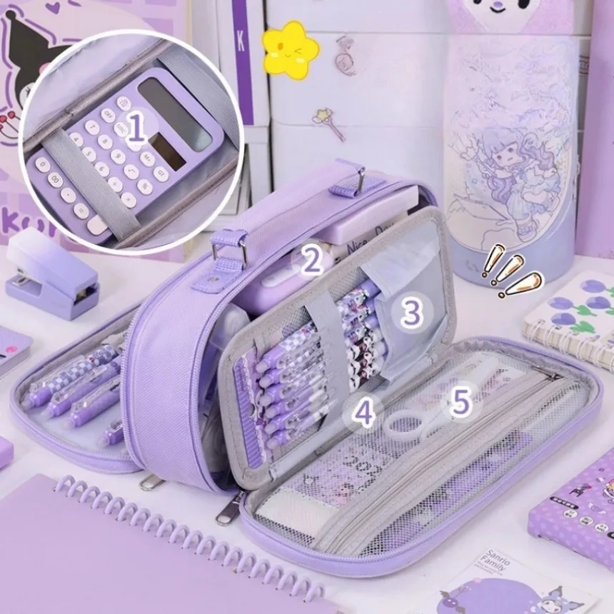 Double Zipper Pencil Case, Big Capacity Oxford Cloth Pen Bag with Calculator Compartment, Handheld School Supplies Storage