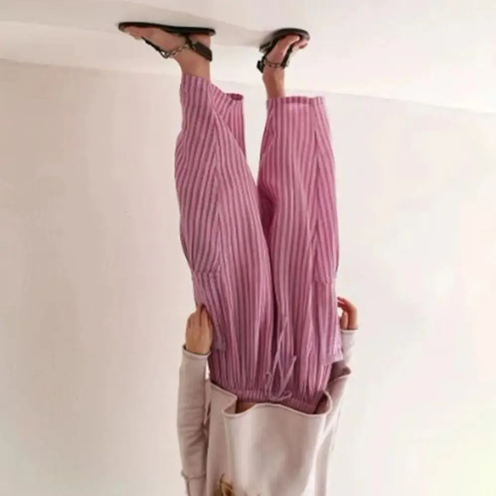 

Striped Straight Leg Pants Elastic Waistband Nine Points Pleated Pants Breathable Casual Pants Women Stretchy Summer Trousers