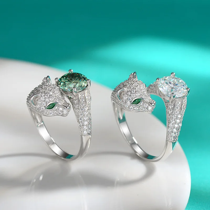 

Кольцо из стерлингового серебра S925 с муассанитом, модный комплект, регулируемое кольцо с головой леопарда