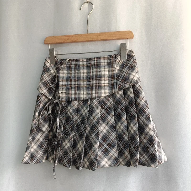

High Waist Patchwork All-match Faldas A-line New Pleated Student Casual Skirt Japan Solid Short Slim Plaid Lace Up Mujer Skirts