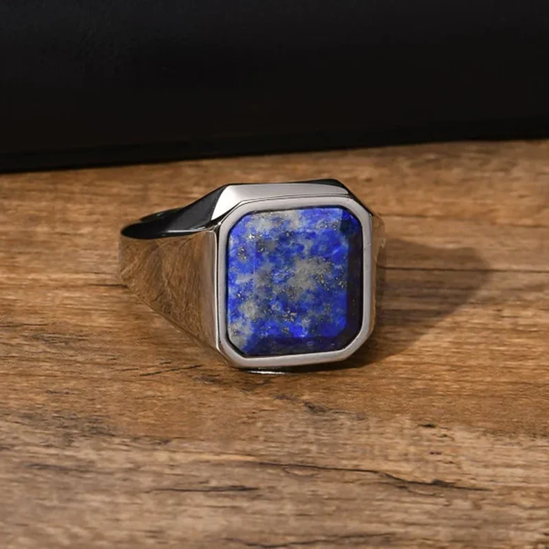 Classic Natural Lapis Lazuli Men Ring with Square Real Stone Silver Color Man Accessories Jewelry Surgical Stainless Steel 2023