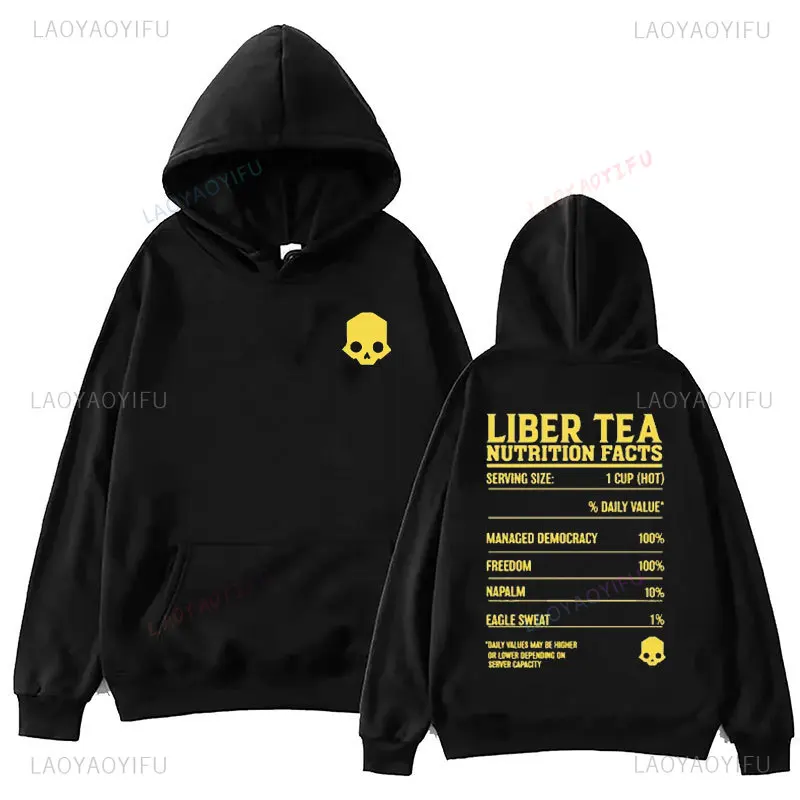 Helldivers 2 'Liber-tea' Nutrition Facts Hoodies Unisex Harajuku Vintage Hoodie Classic Drop Shoulder Pullovers Sweatshirts Tops