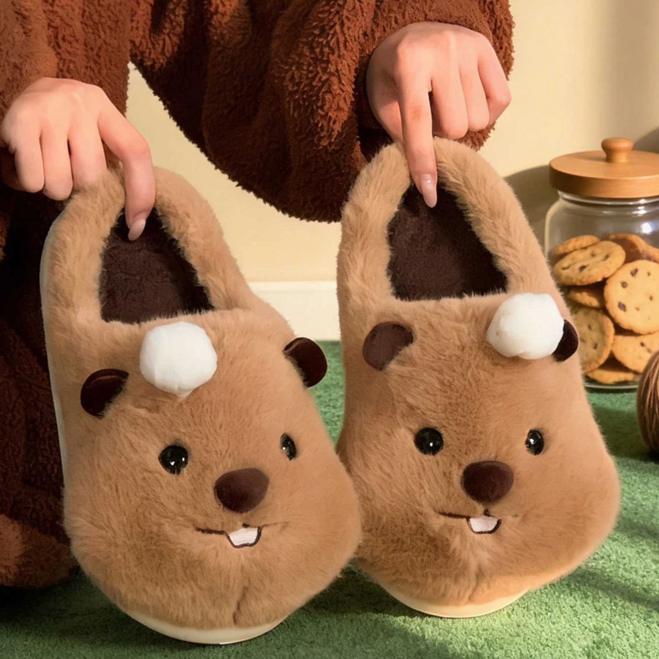 

Cute Cartoon Home Floor Cotton Slippers For Women Men Winter House Shoes Warm Plush Anti-slip Couples Indoor Fluffy Slides