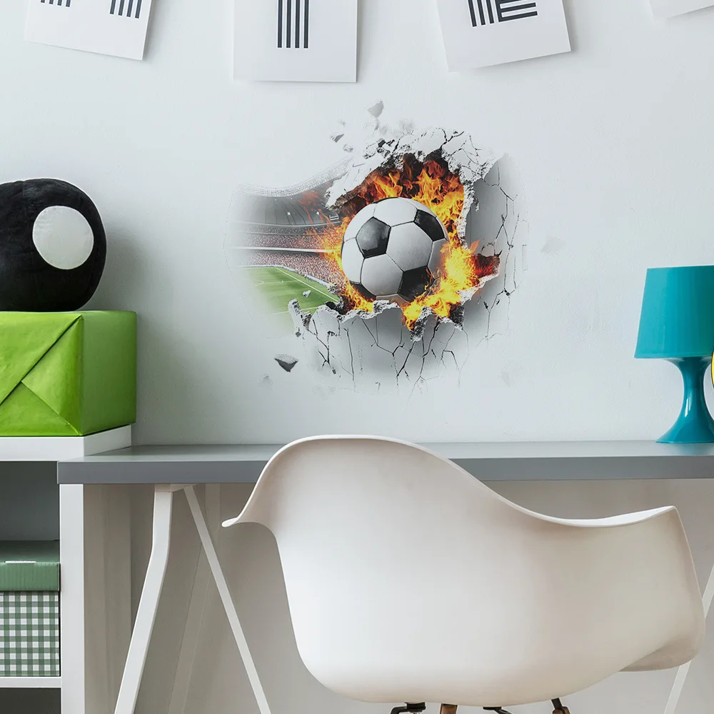 Creative Broken Wall Fire Football Wall Stickers For Living Room Background Decor Mural Bedroom Home Decoration Beautify Decals