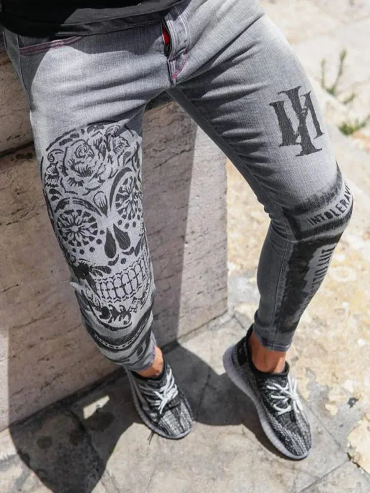 

Premium Quality Brand Stretch Jeans Men Pop Skull Printing Letter Trouse Gray Jeans Homme Skinny Jeans