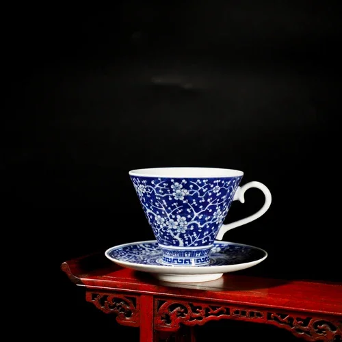 Handmade Hand-Painted Blue and White Plum Kiln Coffee Tea Cup and Saucer Set from Jingdezhen