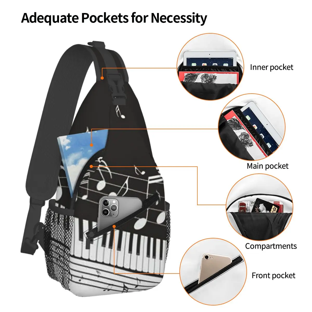 Golden Musical Notes Piano Keyboard Chest Bag Men Sling Crossbody Backpack Chest Bag Travel Hiking Daypack Shoulder Bag