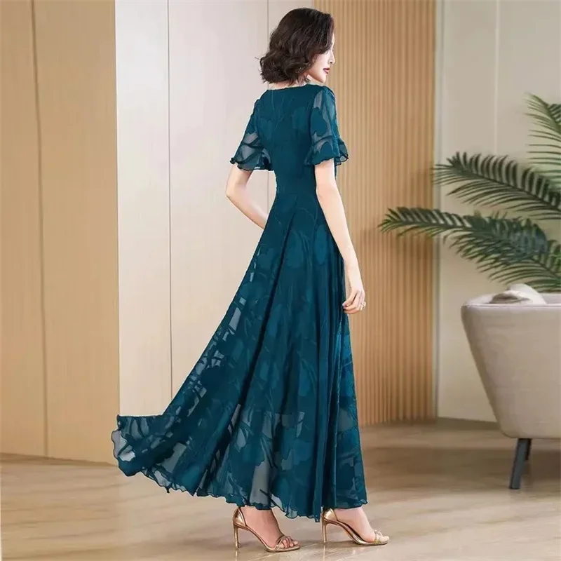 Abiti in chiffon di alta qualità Abiti stile Boho da donna con scollo a V Abito medio lungo da donna Abito estivo casual vintage a maniche corte