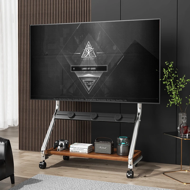 50kg Capacity Heavy Duty Steel Rolling TV Stand Mobile TV Trolley with Socket Rail and Pegboard Fits 32-65 Inch Screen Pro