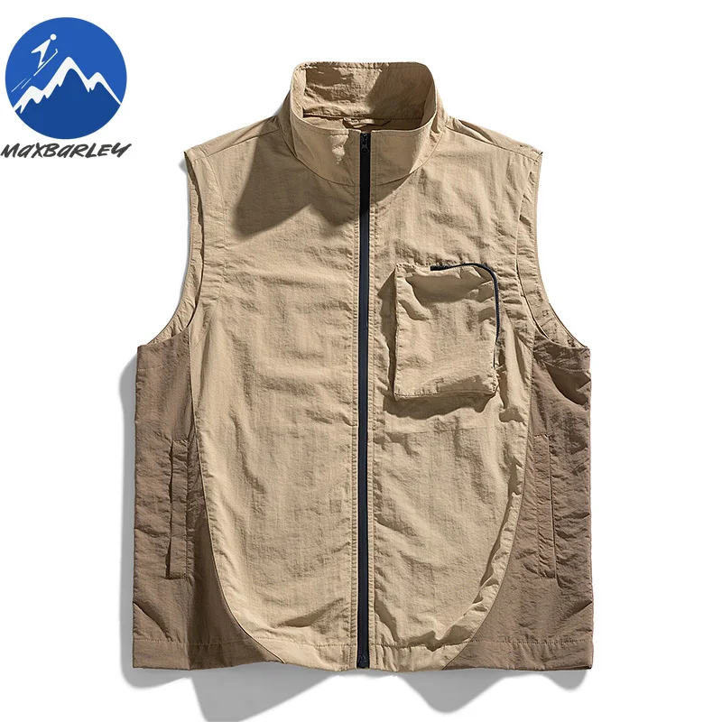 Maxbarley 2026 New Vest Men Summer Hip-hop Stitching Thin Breathable Pocket Vests Outdoor Cargo Hiking Sleeveless Fishing Jacket