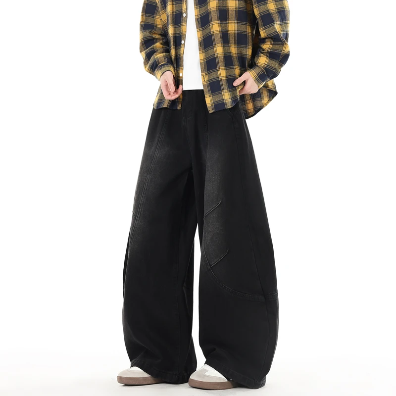 High Streets Spring Summer Men's Jeans American Baggy Wide Leg Curved Knife Denim Pants Loose Solid Color Male Trendy Trousers