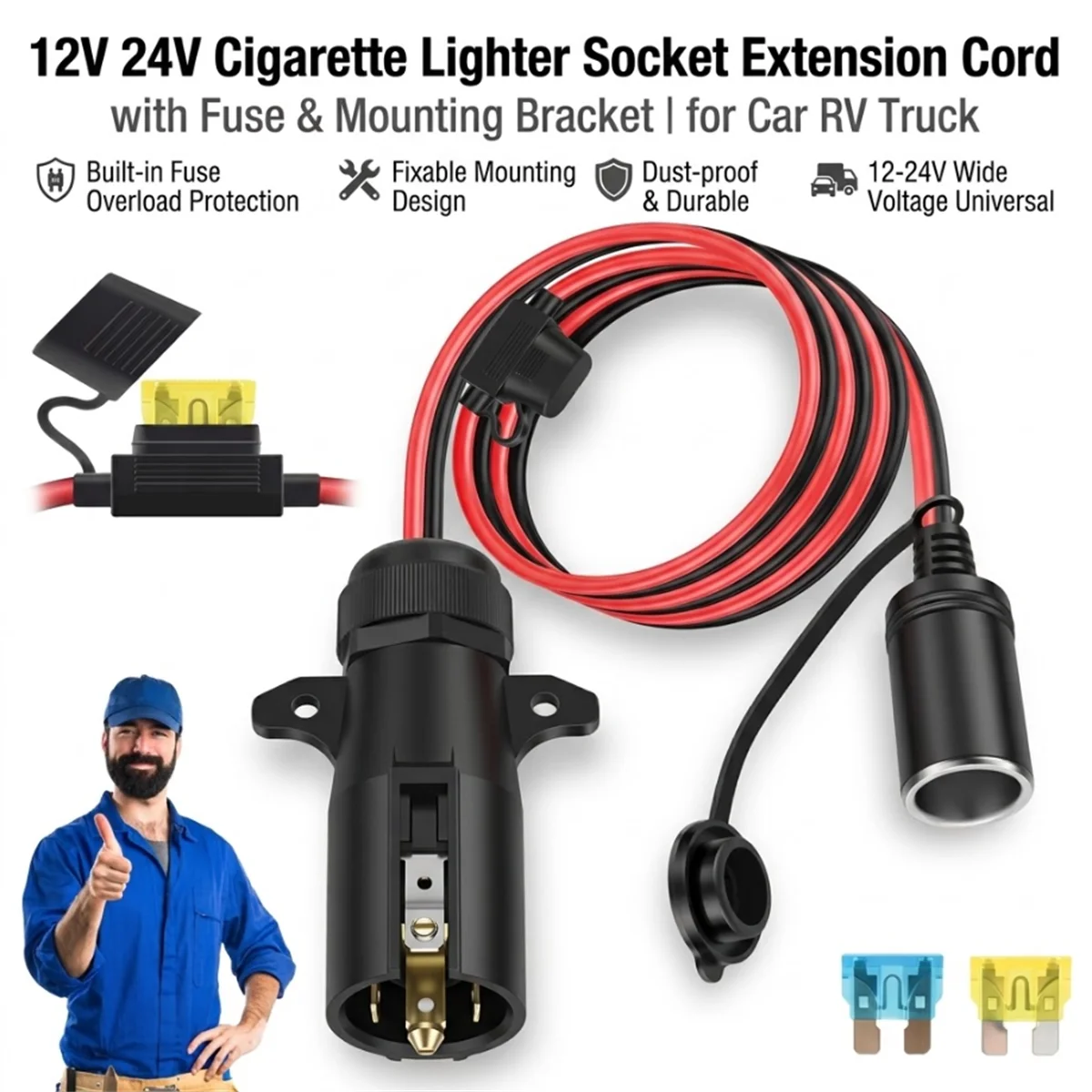 7 Way Trailer Plug to 12V Cigarette Lighter Socket Adapter 10AWG Cable with Fuse IP68 Waterproof for RV Truck Camper Fridge DIY