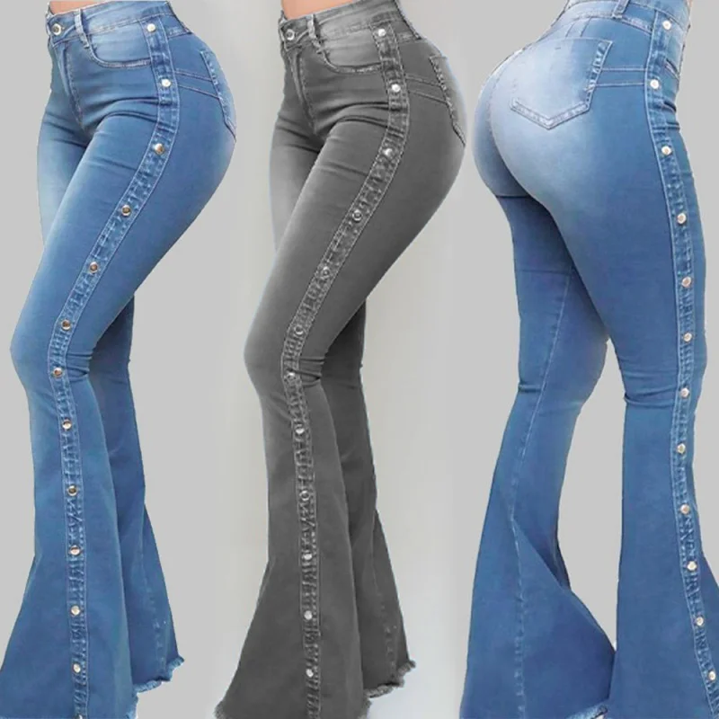 Summer High Waist Micro Flared Jeans for Women Side Riveted Washed with Hairy Flanges Stretch Slimming Flared Pants