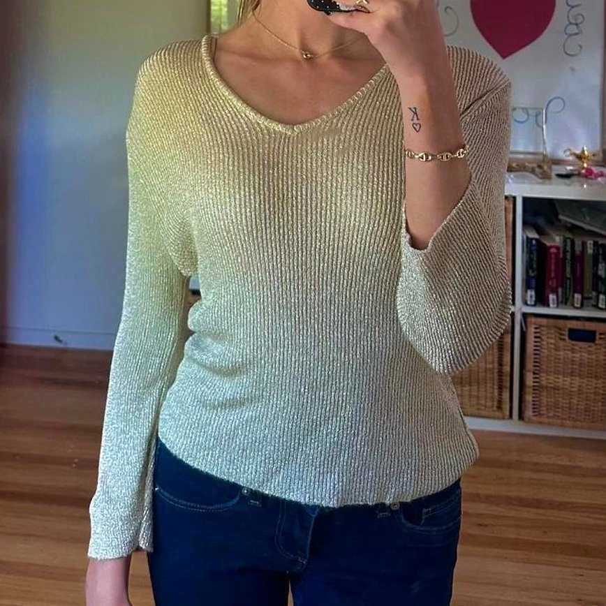 

Винтажные женские осенние вязаные топы, повседневный свободный крой, стильный однотонный свитер в рубчик с круглым вырезом и длинными рукавами