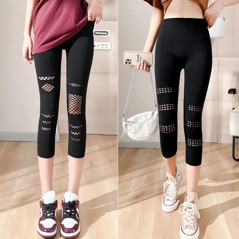 

[40-90kg] Stretchy Modal Summer Leggings Ripped Chic Holes Slim High Waist Black Capris Pants Sport Leggings Women Fitness