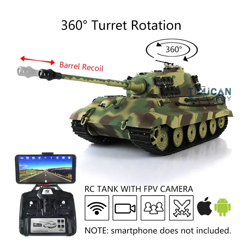 Heng Long 1/16 7.0 พลาสติก FPV King Tiger RC ถัง 3888A 360 °   Turret BarrelRecoil อินฟราเรด Battle รถทหารของเล่น TH17522