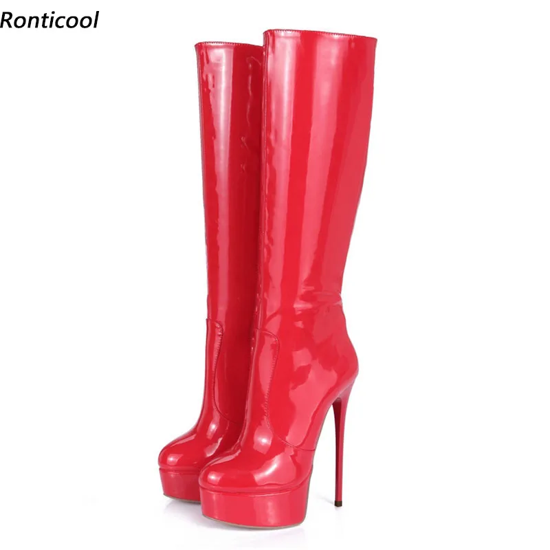 Ronticool Women Winter Knee High Boots Sexy Stiletto Heel Round Toe Blue Red Yellow Banquet Dress Shoes Ladies Plus Size 35-52