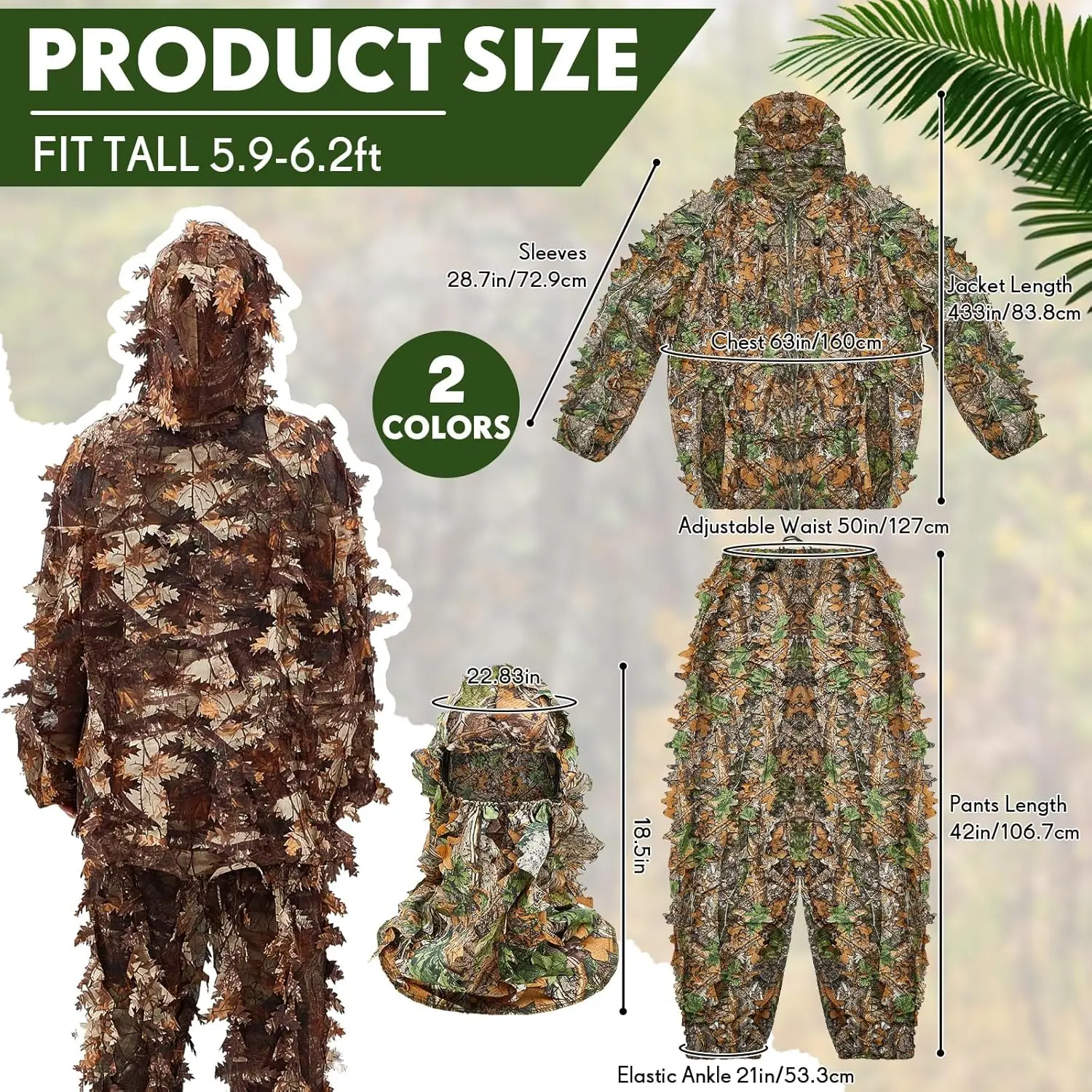 2 Pack Ghillie Suit 3D Leaf Camouflage Hunting Suit Ghillie Camouflage Leaf Hat and Full Face Mask Ghillie Hunting Suit Pants