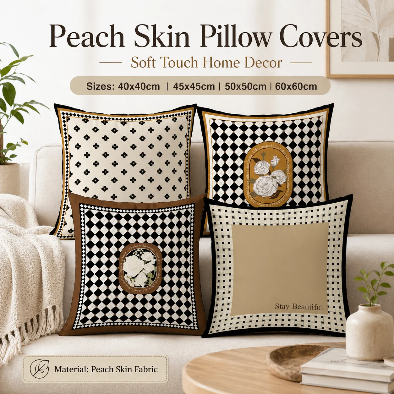 

2D Flat Printing Woven Look Peach Skin Pillow Cover Retro Plaid Rose Cushion Case for Sofa Couch Bedroom Home Decoration