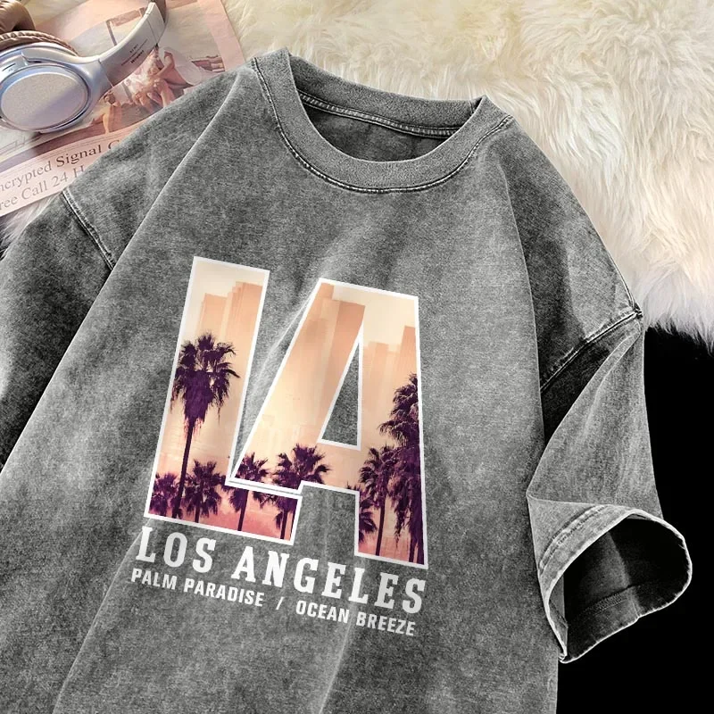 Camiseta de Los Ángeles Palm Paradise, camiseta Vintage lavada, ropa informal transpirable de verano para hombres y mujeres, camisetas gráficas