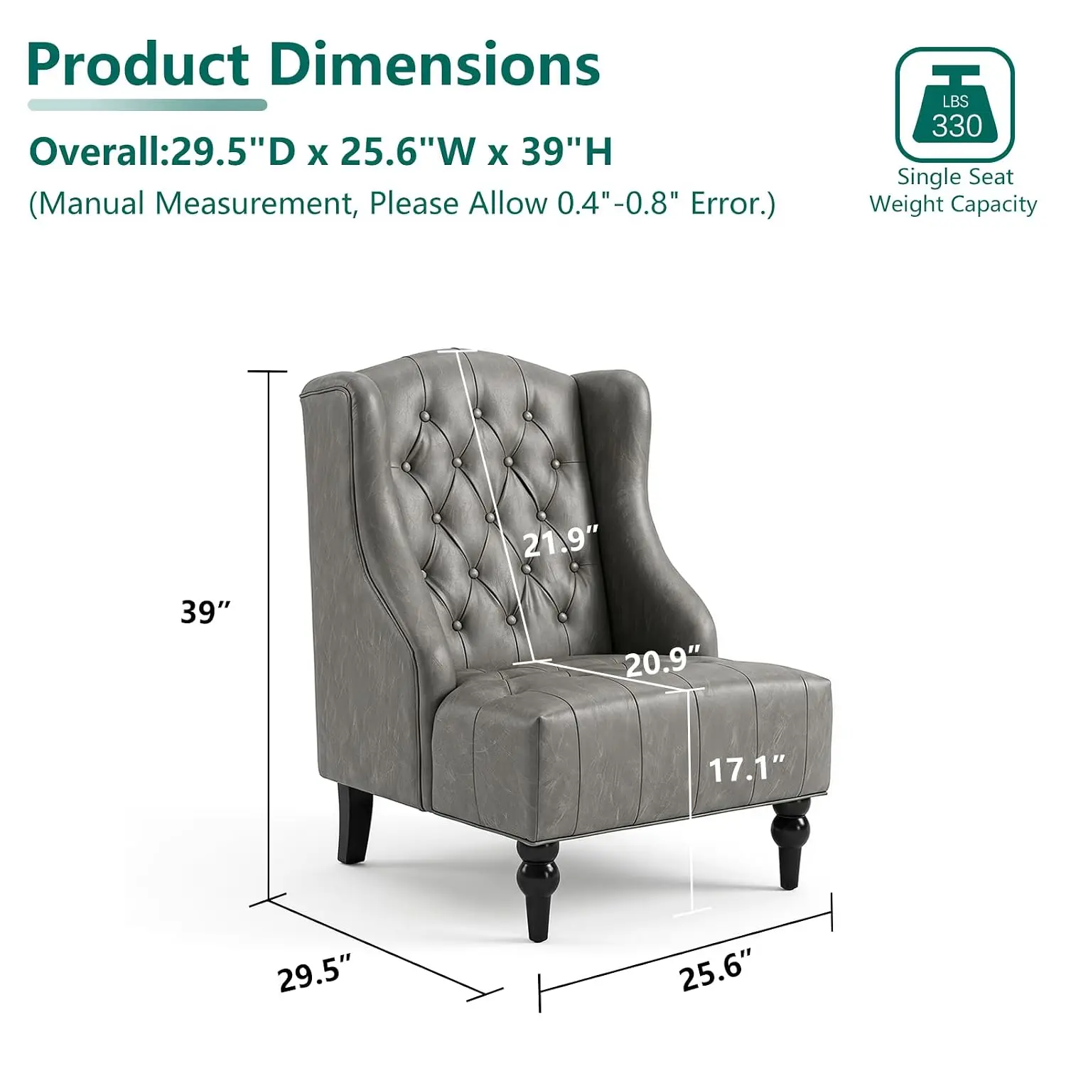 Mid-Century Accent Chair, Button Tufted Faux Leather WingBack With Wood Legs, Vintage Living Room Furniture Gray, Customized