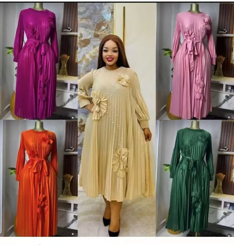 Sukienka Miyake Plisowana Jednolita Kolor Lampionowy Rękaw Ręcznie Robione Koraliki Ozdobne Kwiaty Okrągły Dekolt Afrykańska Luźna Sukienka Nowość Lato 2025