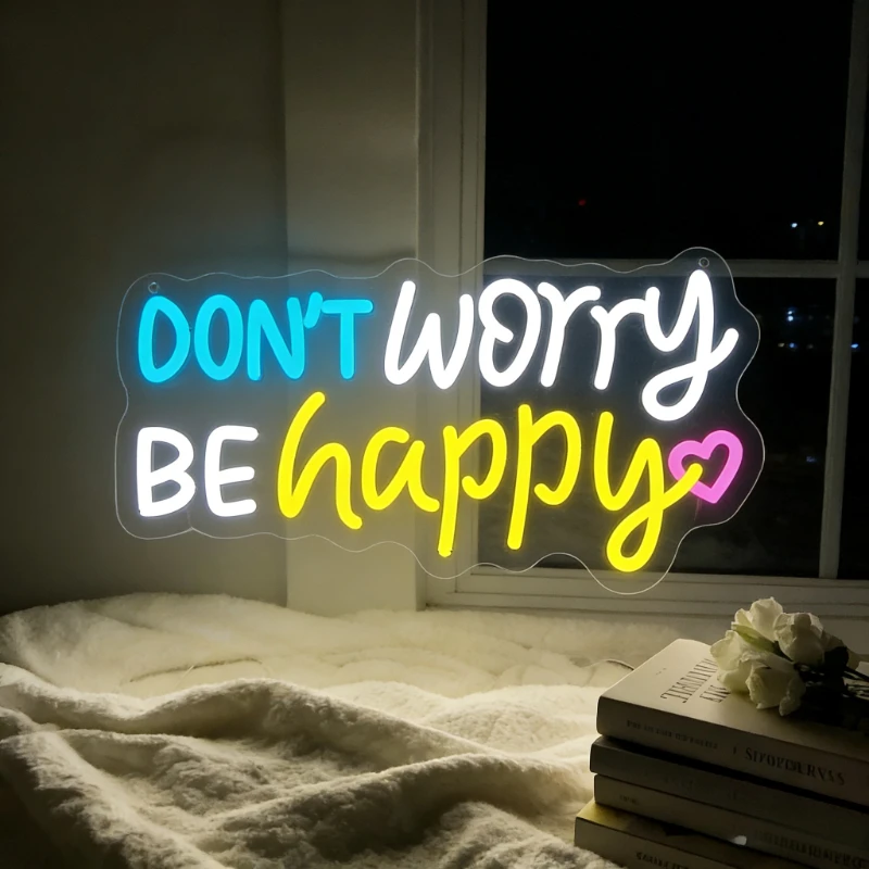 

Don't Worry Be Happy Neon Sign LED USB Dimmable Wall Art Decor for Bedroom Living Room Lighting Positive Mindset Gift Decor