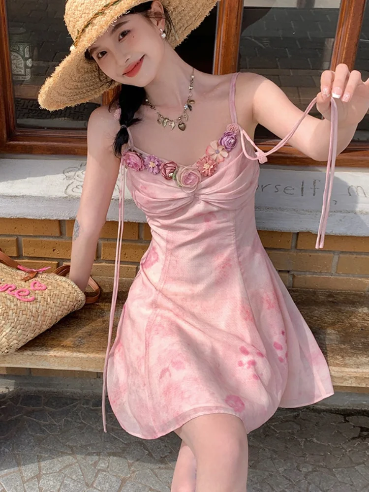 Summer French Vintage Spaghetti Strap Mini Dress Women Flower Frocks Party Evening Sexy One-Piece Y2k