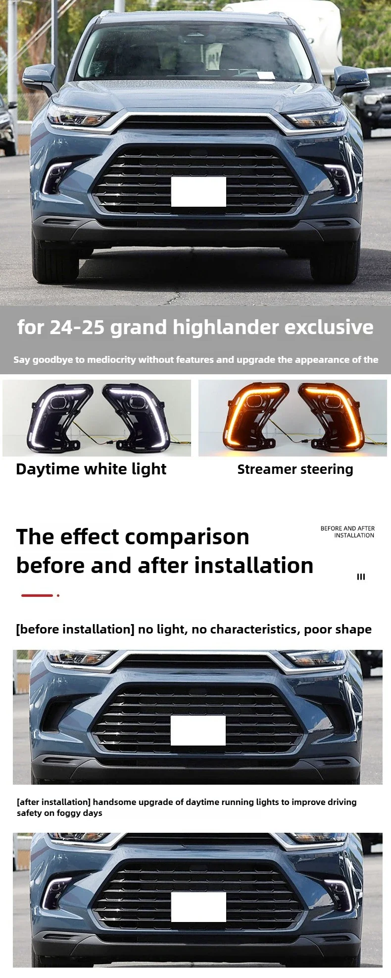 Car LED Daytime Running Lights DRL Front Bumper Fog Lamps Modified Turn Signal Daylights for Toyota Grand Highlander 2024 2025 detail image 1