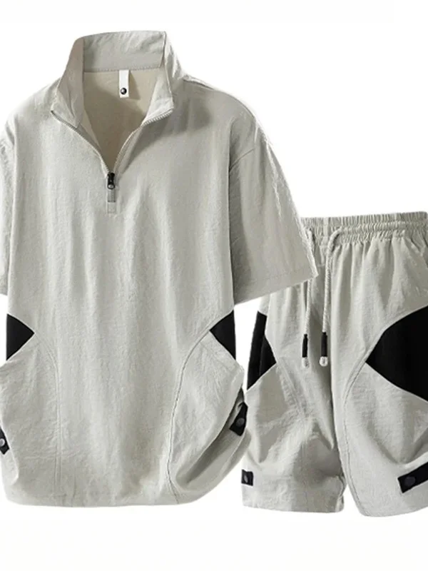 

Summer Casual Sports Set Men's Half Zip Splice Color Block Pocket Short Sleeve T-Shirt Straight Leg Shorts Two Piece Set Trendy