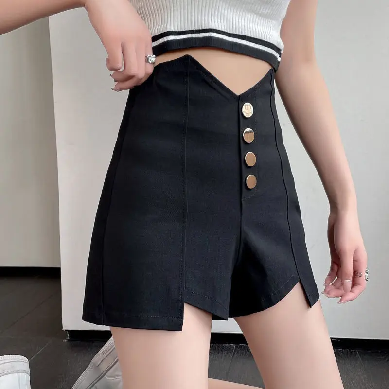 Black Casual High Waist Single Button Wide Leg Pants Women's Shorts Spring Summer New Style plus Size A-Line Hot Pants