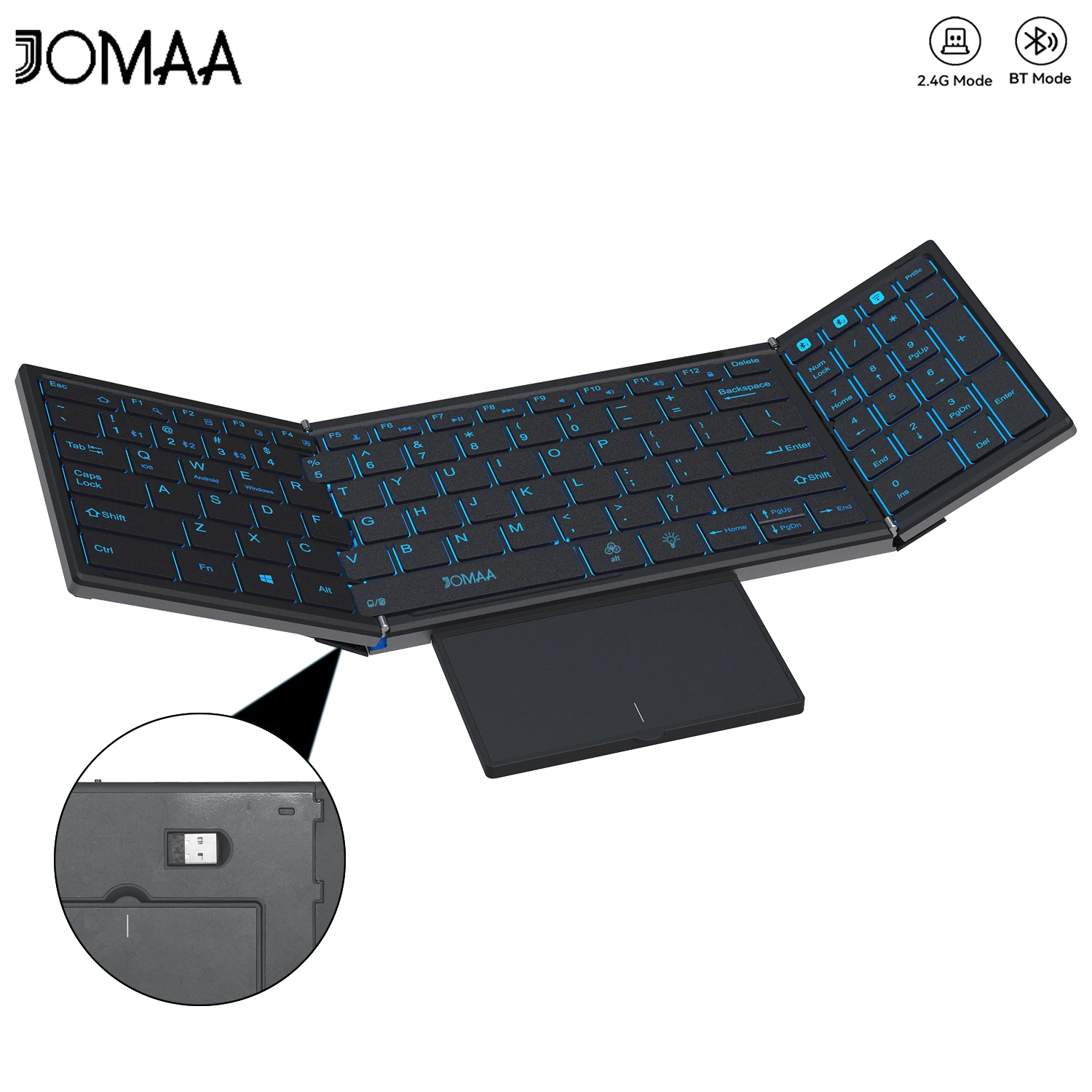 JOMAA Portable Bluetooth Dual Mode Wireless Keyboard with Touchpad&Number Keypad Rechargeable Folding Keyboard for PC/Laptop/Mac